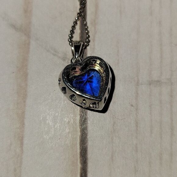 Blue Obsidian & Cubic Zirconia Platinum over 925 Silver Heart Pendant Necklace - Picture 8 of 13